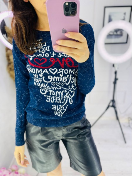 Жіночий светер з трендовими написами, синій