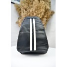 Жіночий рюкзак чорний хлястик з білими полосками